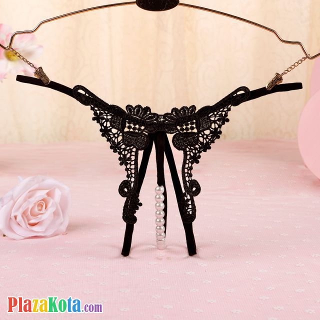 GS326 - Celana Dalam G-String Mutiara T-Back Crotchless Hitam - Photo 1