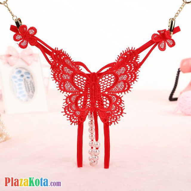 GS336 - Celana Dalam G-String Mutiara T-Back Kupu-Kupu Crotchless Merah - Photo 1