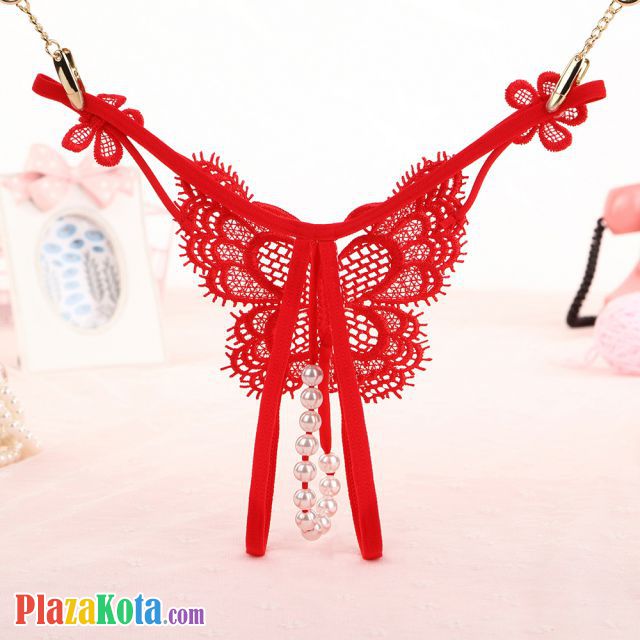 GS336 - Celana Dalam G-String Mutiara T-Back Kupu-Kupu Crotchless Merah - Photo 2