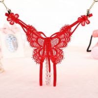 GS336 - Celana Dalam G-String Mutiara T-Back Kupu-Kupu Crotchless Merah