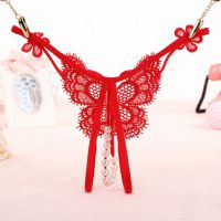 GS336 - Celana Dalam G-String Mutiara T-Back Kupu-Kupu Crotchless Merah - 2