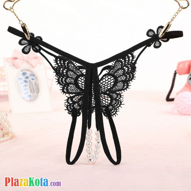 GS338 - Celana Dalam G-String Mutiara T-Back Kupu-Kupu Crotchless Hitam - Photo 2