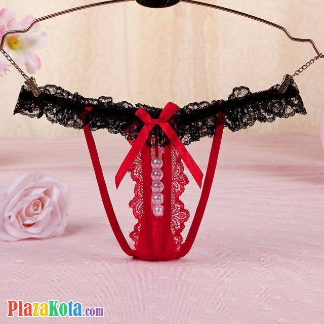 GS348 - Celana Dalam G-String Mutiara Merah Karet Hitam - Photo 1