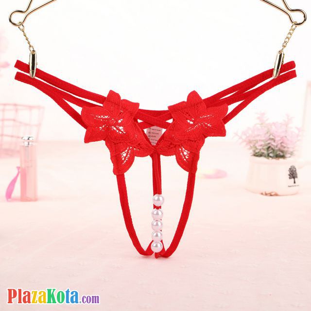 GS358 - Celana Dalam G-String Mutiara Crotchless Tali 2 Merah - Photo 1