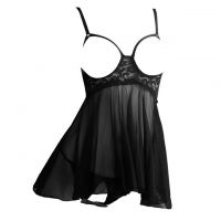 L1244 - Lingerie Babydoll Hitam Transparan, Bra Kawat, Open Cup, Crotchless