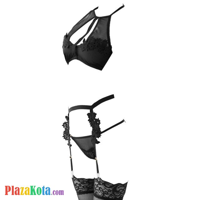 B340 - Bra Set Bralette Halter Hitam Celana Dalam Garter Belt Stocking - Photo 1