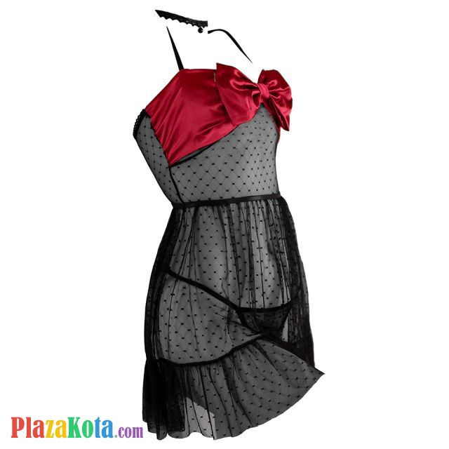 L1248 - Lingerie Babydoll Hitam Transparan, Pita Marun - Photo 2