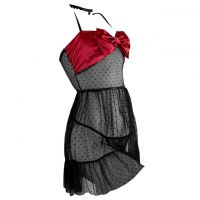 L1248 - Lingerie Babydoll Hitam Transparan, Pita Marun - Thumbnail 2
