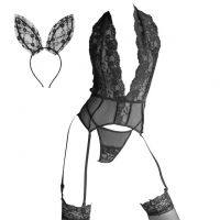 L1251 - Baju Tidur Lingerie Bustier Corset Dress Halter Hitam Transparan Garter Strap Stocking