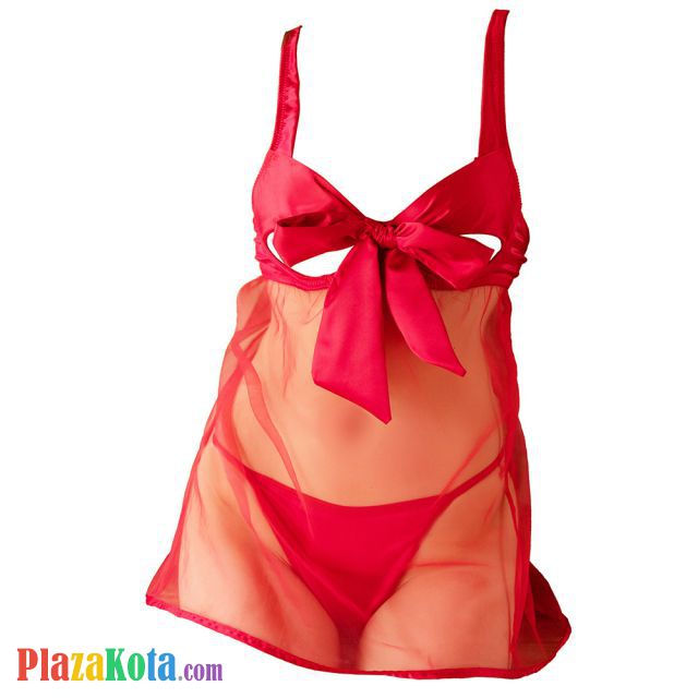 L1252 - Baju Tidur Lingerie Babydoll Mini Dress Merah Transparan Bra Kawat Semi Open Cup - Photo 1