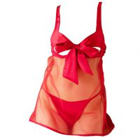 L1252 - Baju Tidur Lingerie Babydoll Mini Dress Merah Transparan Bra Kawat Semi Open Cup
