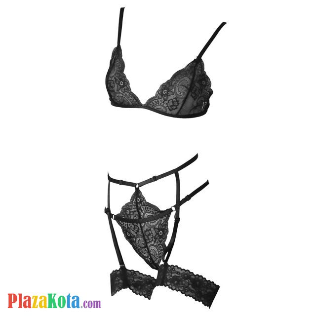 B341 - Bra Set Bralette Hitam Transparan Celana Dalam Garter Strap Garter Paha - Photo 1