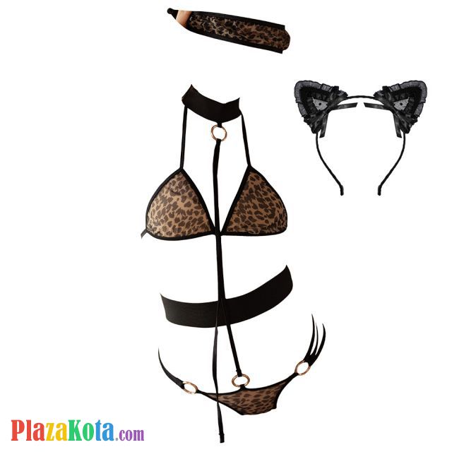 L1254 - Baju Tidur Lingerie Teddy Bodysuit Dress Halter Macan Tutul Coklat Penutup Mata Bando - Photo 1