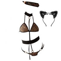 L1254 - Baju Tidur Lingerie Teddy Bodysuit Dress Halter Macan Tutul Coklat Penutup Mata Bando