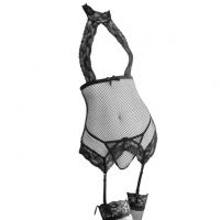 L1255 - Lingerie Bustier Halterneck Hitam Transparan, Garter, Stocking Fishnet