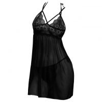 L1260 - Lingerie Babydoll Tali Silang Hitam Transparan, Open Cup, Tali Ikat Belakang