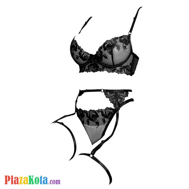 B348 - Bra Set Underwire Kawat Hitam Celana Dalam Garter Belt Garter Paha - Photo 1