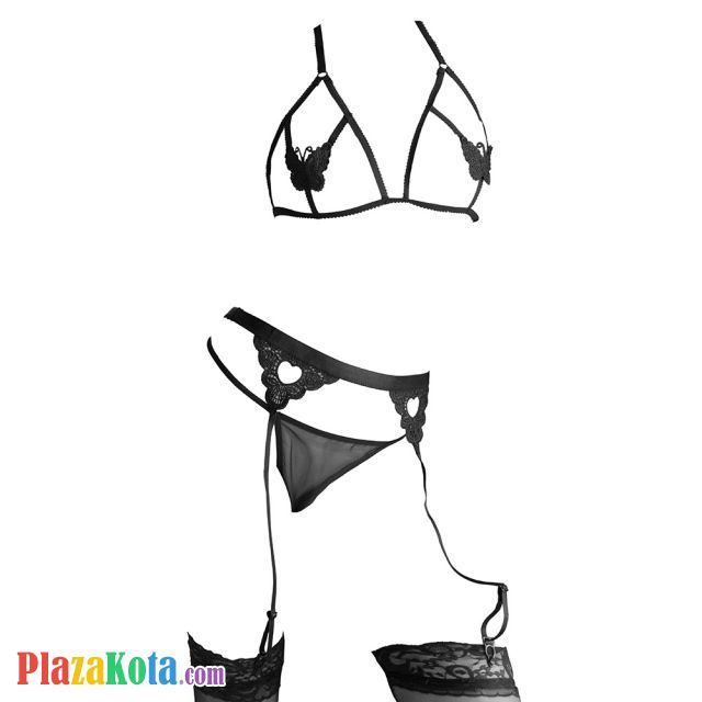 B350 - Bra Set Bralette Halter Open Cup Hitam Transparan Celana Dalam Garter Belt Stocking - Photo 1