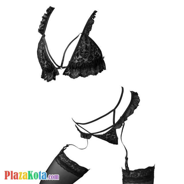 B351 - Bra Set Bralette Hitam Transparan Celana Dalam Garter Strap Stocking - Photo 1