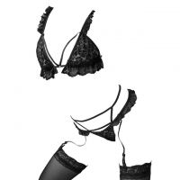 B351 - Bra Set Bralette Hitam Transparan Celana Dalam Garter Strap Stocking
