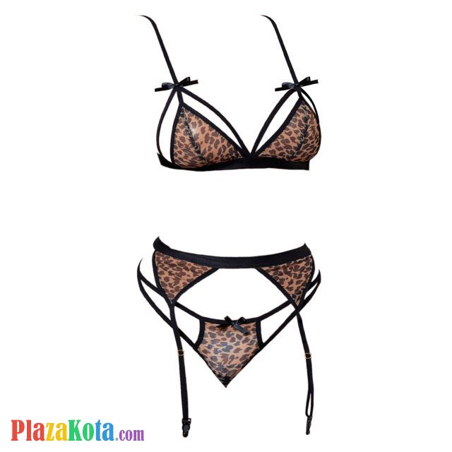 B352 - Bra Set Bralette Macan Tutul Coklat Transparan Celana Dalam Garter Belt - Photo 1