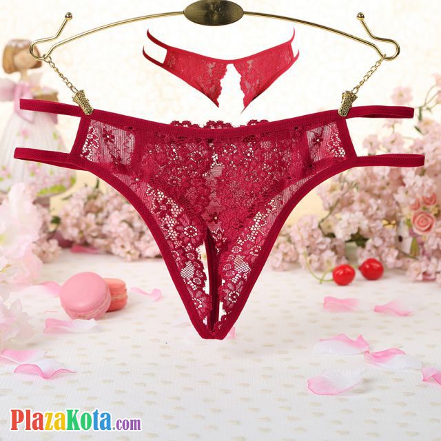 P627 - Celana Dalam Panties Hipster Merah Transparan Crotchless Tali 2 - Photo 1