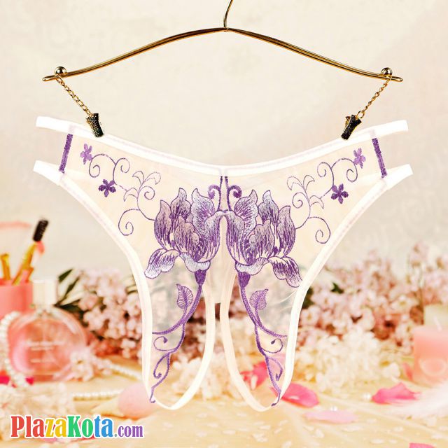 P629 - Celana Dalam Panties Hipster Putih Transparan Crotchless Bordir Bunga Tali 2 - Photo 1