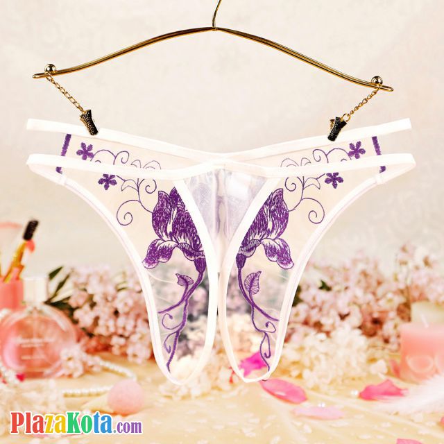 P629 - Celana Dalam Panties Hipster Putih Transparan Crotchless Bordir Bunga Tali 2 - Photo 2