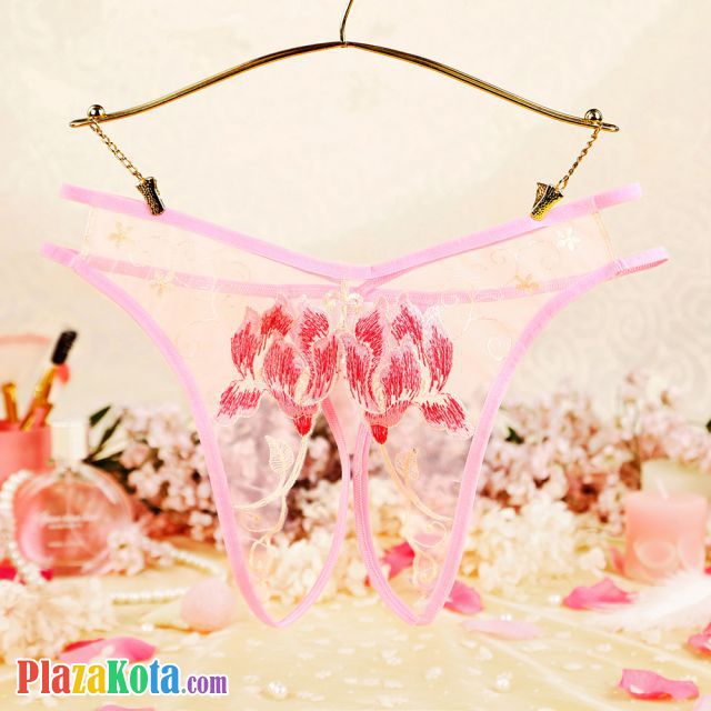 P630 - Celana Dalam Panties Hipster Pink Transparan Crotchless Bordir Bunga Tali 2 - Photo 1