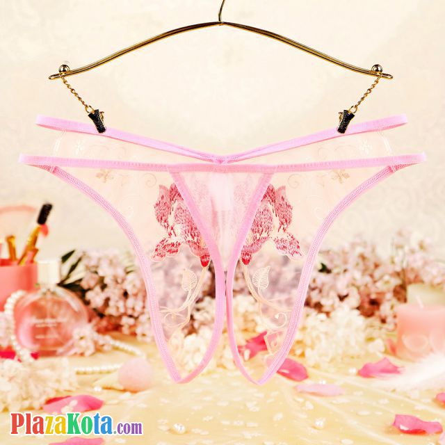 P630 - Celana Dalam Panties Hipster Pink Transparan Crotchless Bordir Bunga Tali 2 - Photo 2