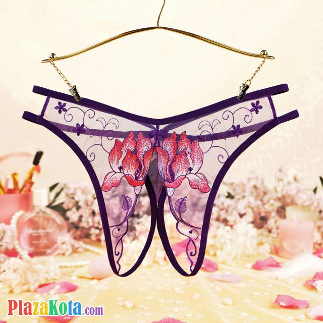 P631 - Celana Dalam Panties Hipster Ungu Transparan Crotchless Bordir Bunga Tali 2 - Photo 1