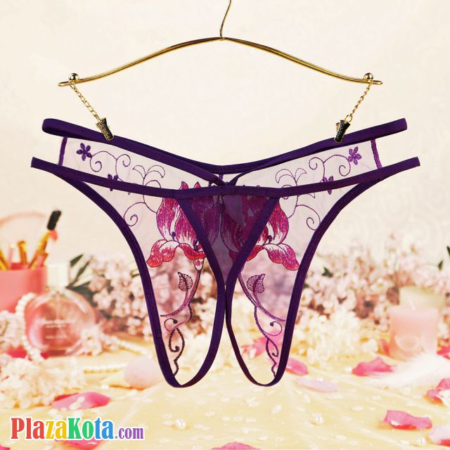 P631 - Celana Dalam Panties Hipster Ungu Transparan Crotchless Bordir Bunga Tali 2 - Photo 2