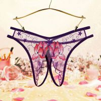 P631 - Celana Dalam Panties Hipster Ungu Transparan Crotchless Bordir Bunga Tali 2