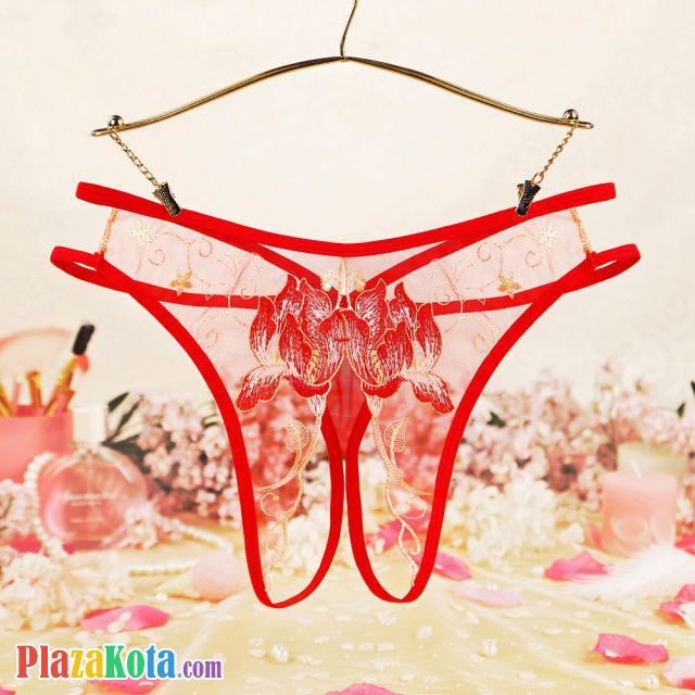 P632 - Celana Dalam Panties Hipster Merah Transparan Crotchless Bordir Bunga Tali 2 - Photo 1