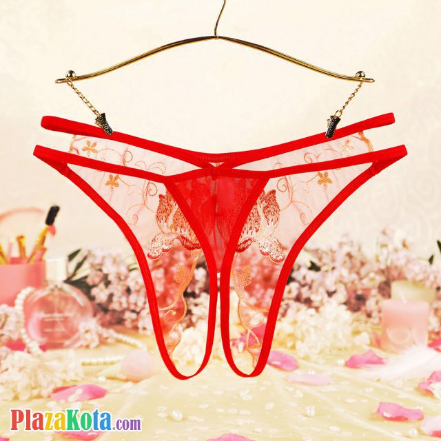 P632 - Celana Dalam Panties Hipster Merah Transparan Crotchless Bordir Bunga Tali 2 - Photo 2