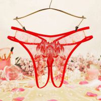 P632 - Celana Dalam Panties Hipster Merah Transparan Crotchless Bordir Bunga Tali 2