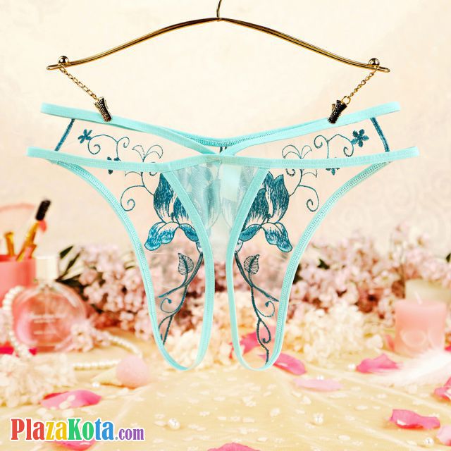 P633 - Celana Dalam Panties Hipster Hijau Transparan Crotchless Bordir Bunga Tali 2 - Photo 2