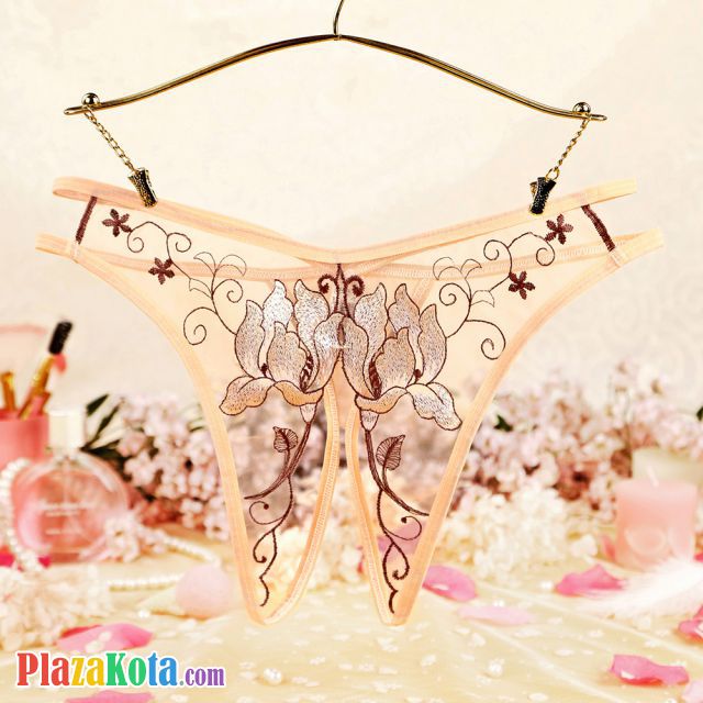 P634 - Celana Dalam Panties Hipster Krem Transparan Crotchless Bordir Bunga Tali 2 - Photo 1