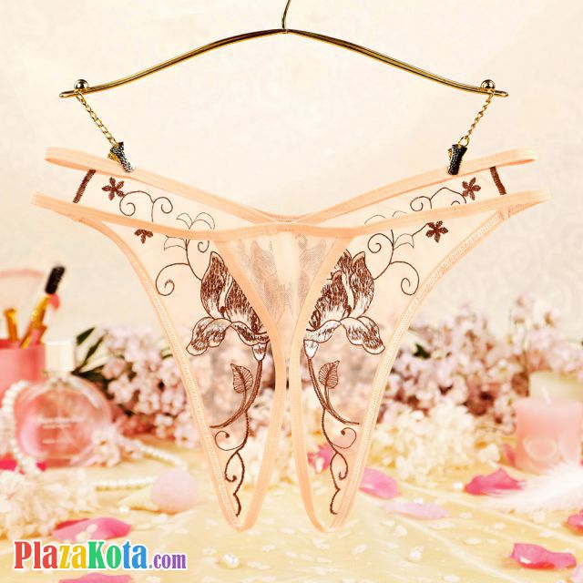 P634 - Celana Dalam Panties Hipster Krem Transparan Crotchless Bordir Bunga Tali 2 - Photo 2