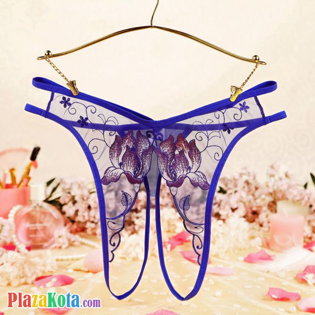 P635 - Celana Dalam Panties Hipster Biru Transparan Crotchless Bordir Bunga Tali 2 - Photo 1