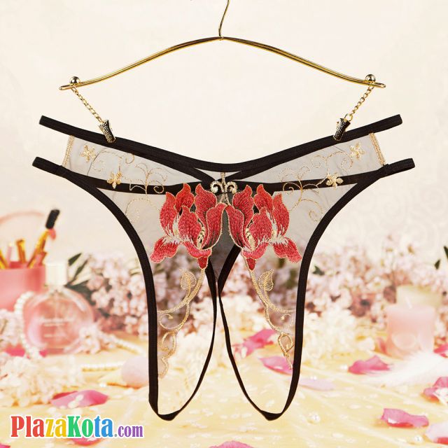 P636 - Celana Dalam Panties Hipster Hitam Transparan Crotchless Bordir Bunga Tali 2 - Photo 1