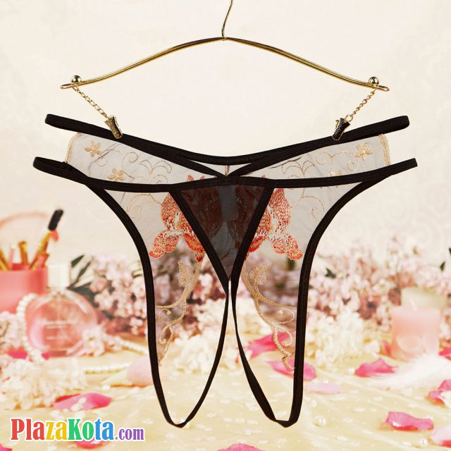 P636 - Celana Dalam Panties Hipster Hitam Transparan Crotchless Bordir Bunga Tali 2 - Photo 2