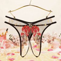 P636 - Celana Dalam Panties Hipster Hitam Transparan Crotchless Bordir Bunga Tali 2