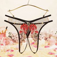 P636 - Celana Dalam Panties Hipster Hitam Transparan Crotchless Bordir Bunga Tali 2