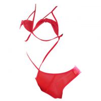 L1284 - Baju Tidur Lingerie Teddy Bodysuit Dress Tali Silang Merah Transparan Open Cup Open Butt