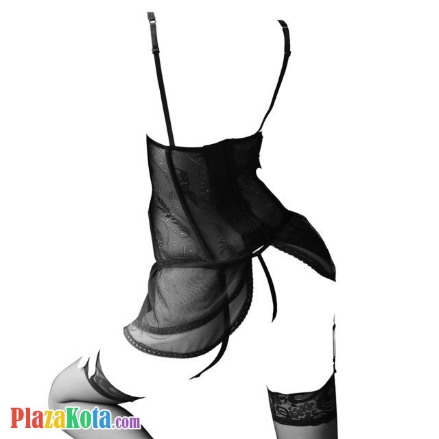 L1287 - Baju Tidur Lingerie Bustier Corset Dress Hitam Transparan Bra Kawat Cup Busa Garter Strap Stocking - Photo 2