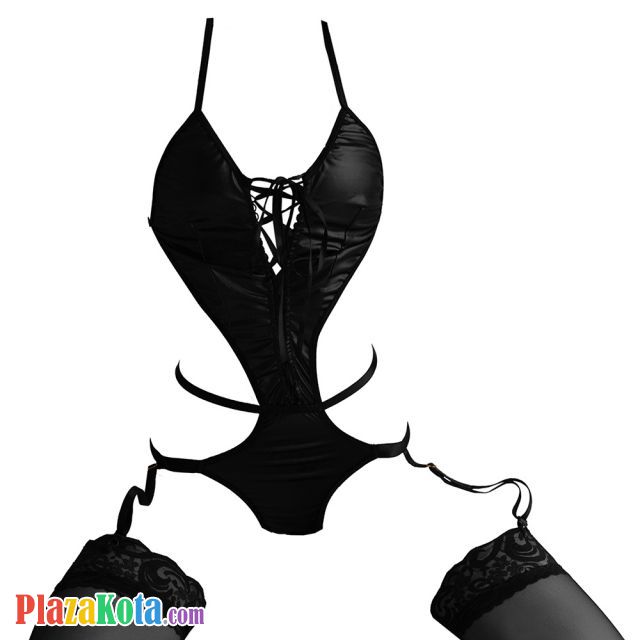 L1290 - Baju Tidur Lingerie Teddy Bodysuit Dress Tali Silang Hitam Garter Stocking - Photo 1