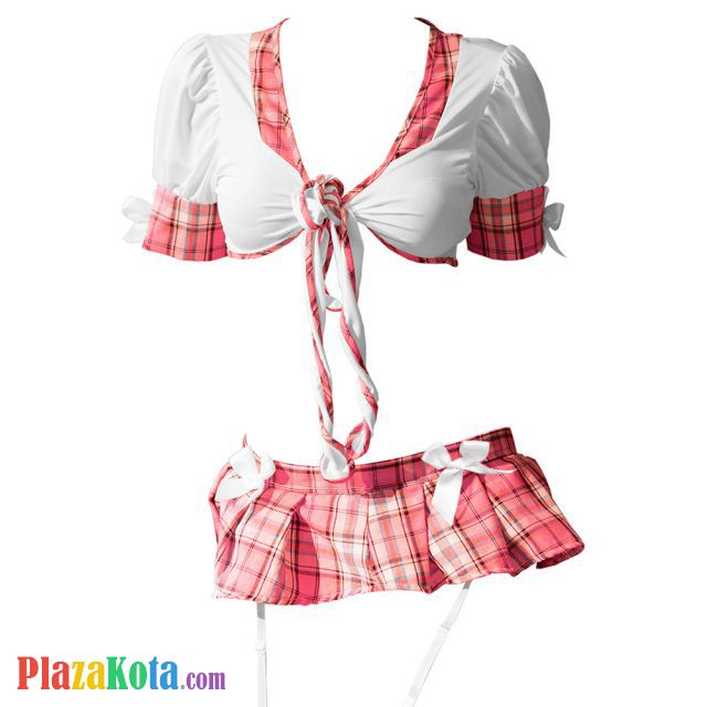 L1292 - Lingerie Costume Cosplay Student Pelajar Seragam Sekolah Putih Lengan Pendek Rok Mini Pink - Photo 1