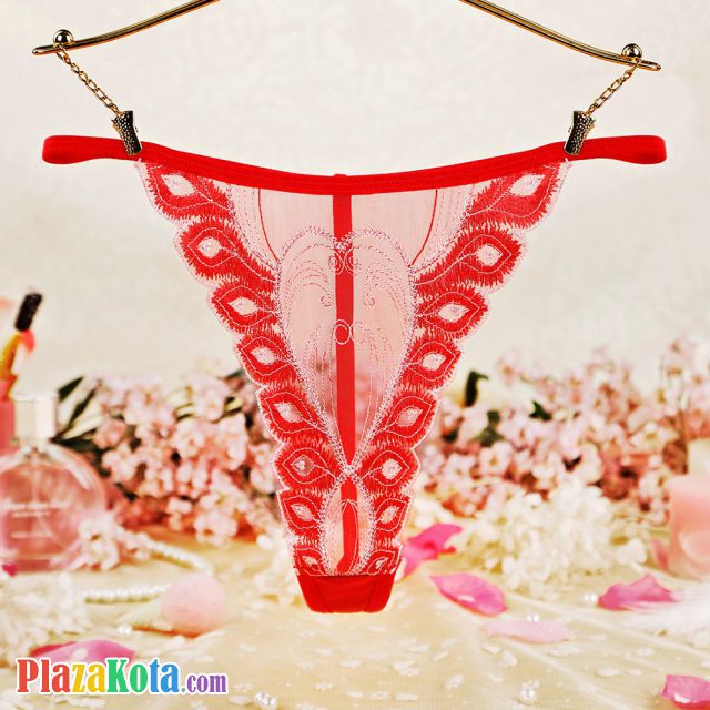 GS366 - Celana Dalam G-String Wanita T-Back Merah Tepi Bordir - Photo 1