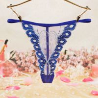 GS369 - Celana Dalam G-String Wanita T-Back Biru Tepi Bordir